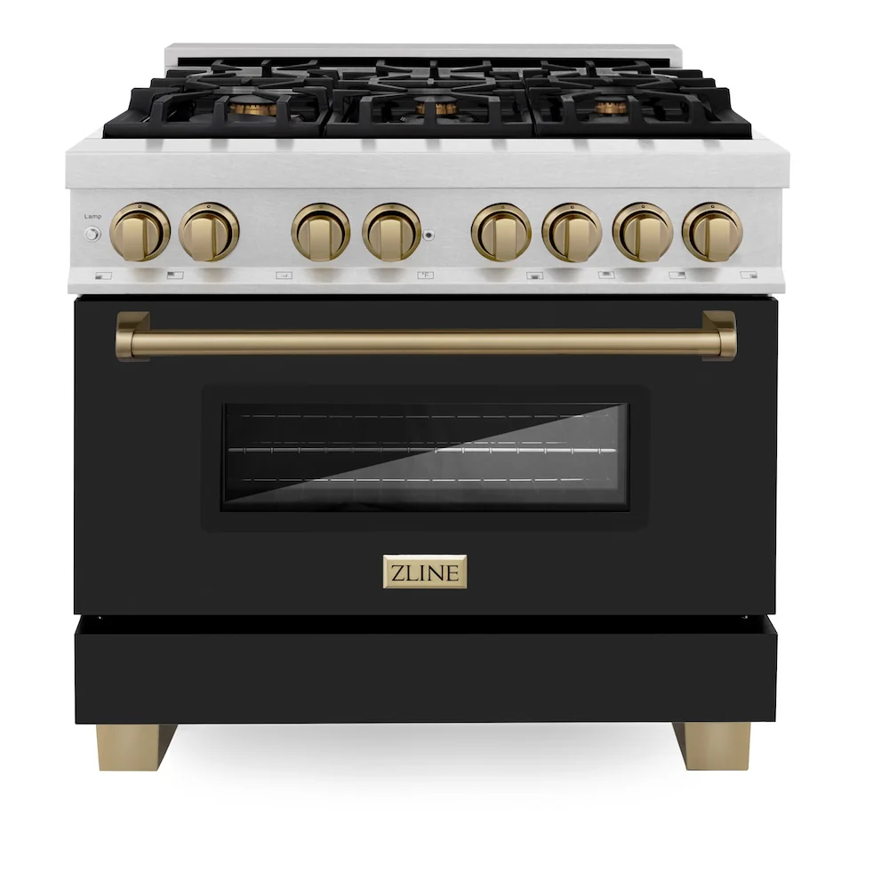 ZLINE Autograph Edition 36 in. 4.6 cu. ft. Legacy Dual Fuel Range with 6 Burner Gas Cooktop and Electric Convection Oven in Satin Stainless Steel with Black Matte Door and Champagne Bronze Accents, Open Box-Great Condition - Image 4