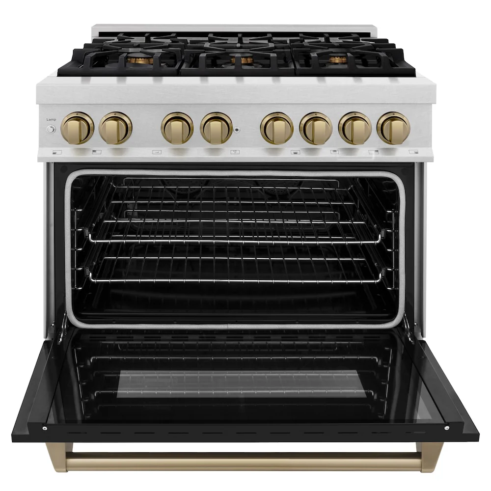ZLINE Autograph Edition 36 in. 4.6 cu. ft. Legacy Dual Fuel Range with 6 Burner Gas Cooktop and Electric Convection Oven in Satin Stainless Steel with Black Matte Door and Champagne Bronze Accents, Open Box-Great Condition - Image 5