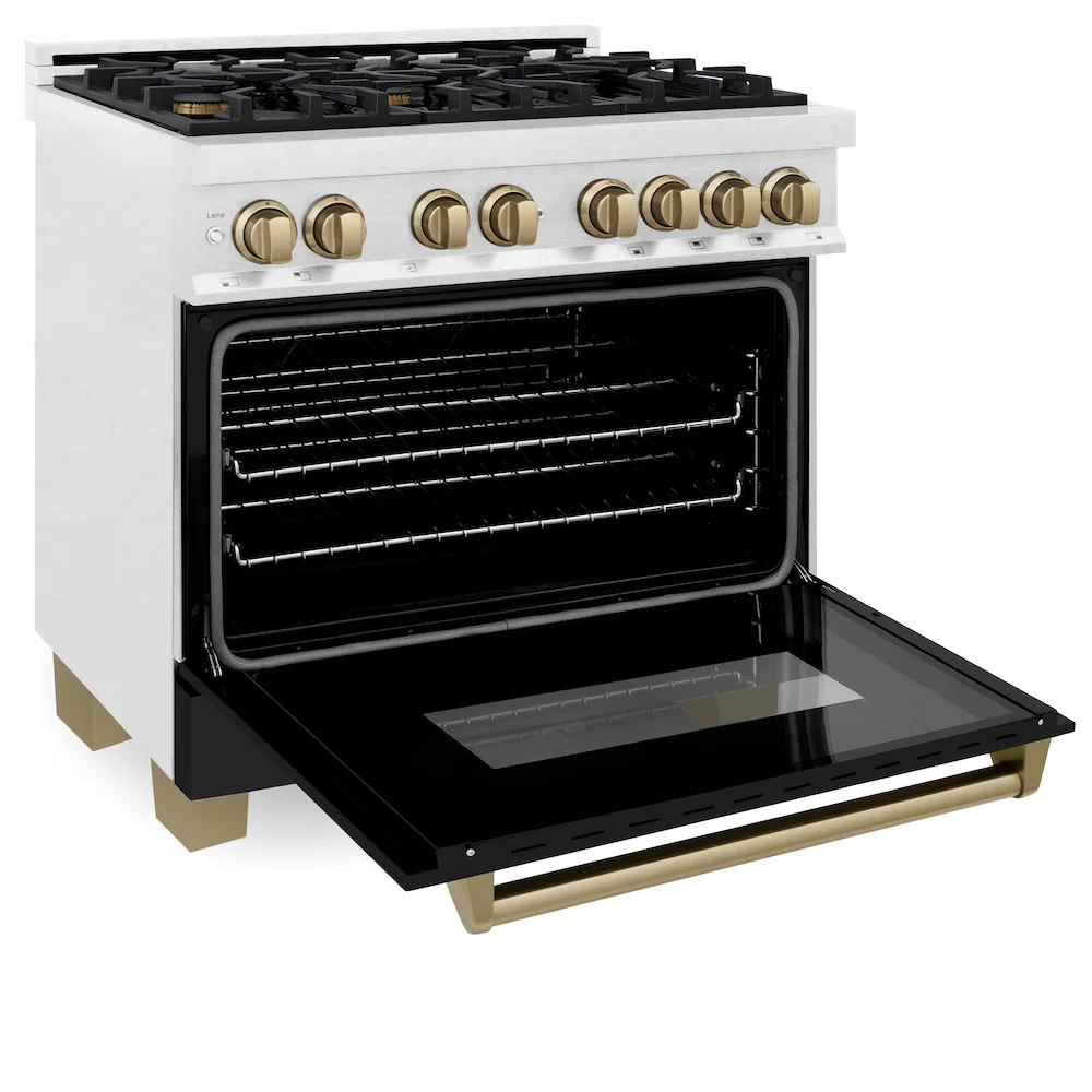 ZLINE Autograph Edition 36 in. 4.6 cu. ft. Legacy Dual Fuel Range with 6 Burner Gas Cooktop and Electric Convection Oven in Satin Stainless Steel with Black Matte Door and Champagne Bronze Accents, Open Box-Great Condition - Image 7