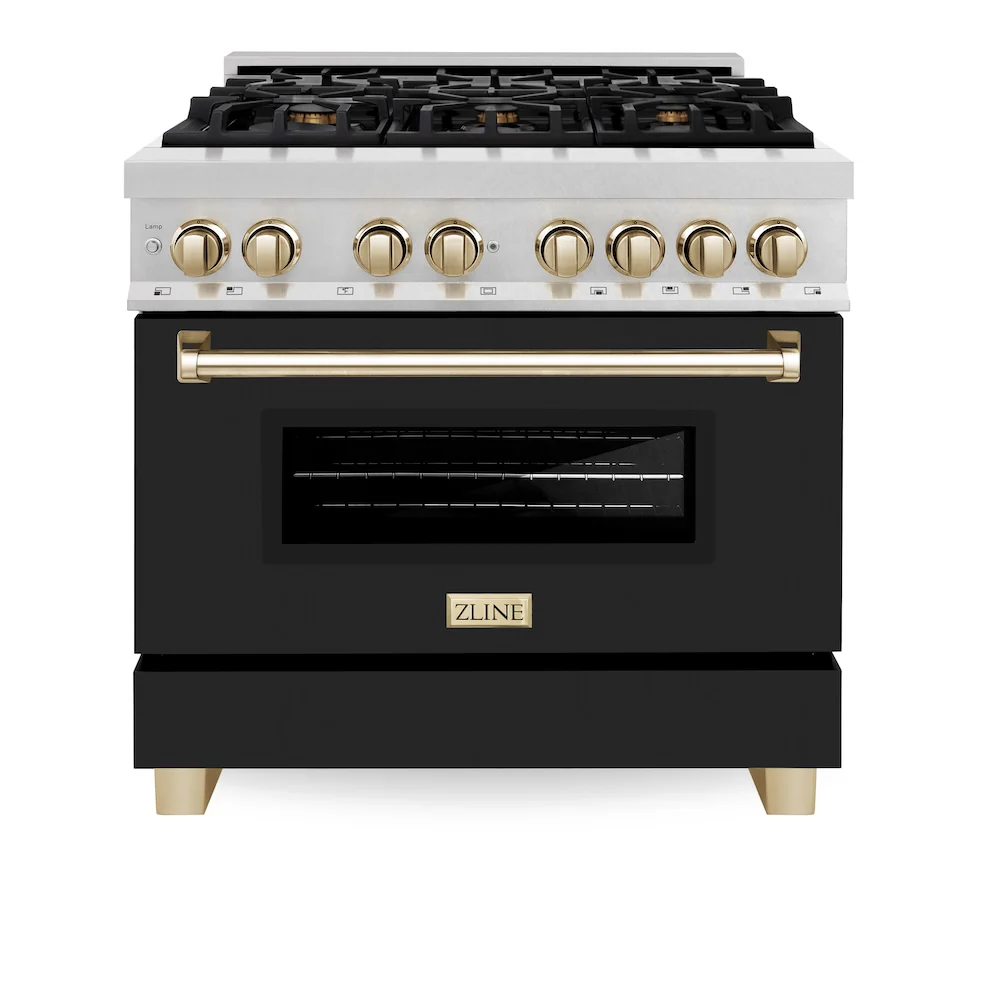 ZLINE Autograph Edition 36 in. 4.6 cu. ft. Legacy Dual Fuel Range with 6 Burner Gas Cooktop and Electric Convection Oven in Satin Stainless Steel with Black Matte Door and Polished Gold Accents, Open Box-Great Condition - Image 4