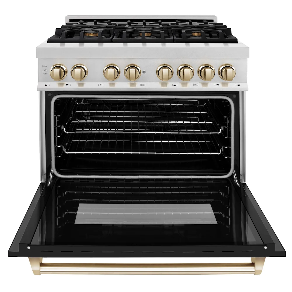 ZLINE Autograph Edition 36 in. 4.6 cu. ft. Legacy Dual Fuel Range with 6 Burner Gas Cooktop and Electric Convection Oven in Satin Stainless Steel with Black Matte Door and Polished Gold Accents, Open Box-Great Condition - Image 5