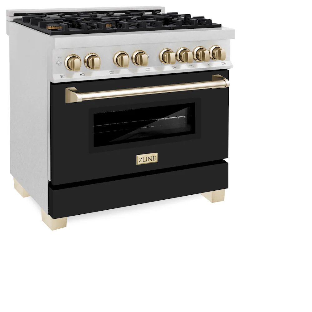 ZLINE Autograph Edition 36 in. 4.6 cu. ft. Legacy Dual Fuel Range with 6 Burner Gas Cooktop and Electric Convection Oven in Satin Stainless Steel with Black Matte Door and Polished Gold Accents, Open Box-Great Condition - Image 6