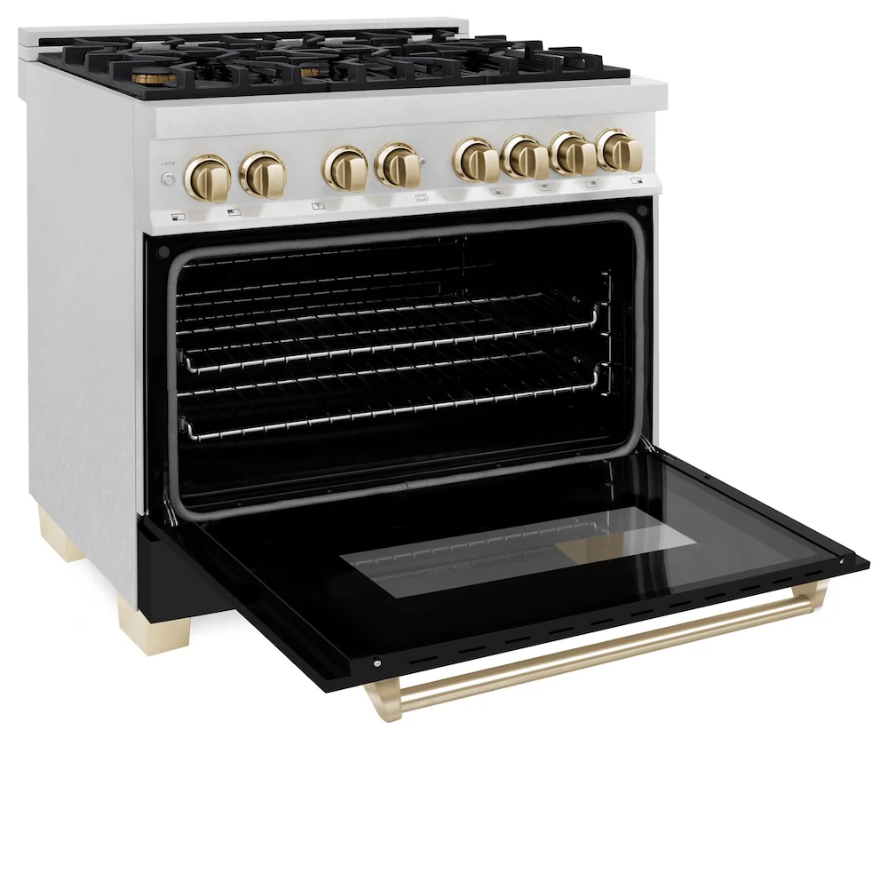 ZLINE Autograph Edition 36 in. 4.6 cu. ft. Legacy Dual Fuel Range with 6 Burner Gas Cooktop and Electric Convection Oven in Satin Stainless Steel with Black Matte Door and Polished Gold Accents, Open Box-Great Condition - Image 7