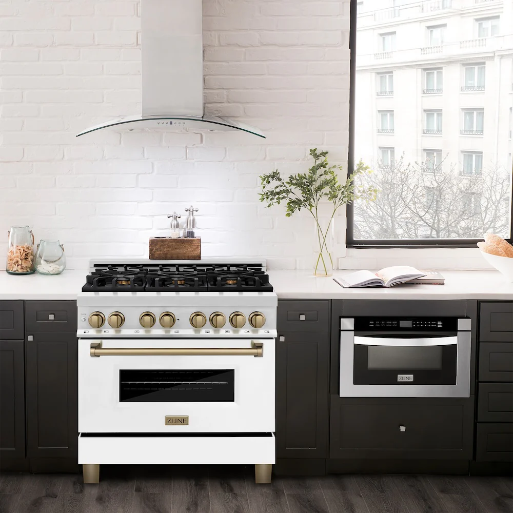 ZLINE Autograph Edition 36 in. 4.6 cu. ft. Legacy Dual Fuel Range with 6 Burner Gas Cooktop and Electric Convection Oven in Satin Stainless Steel with White Matte Door and Champagne Bronze Accents, Open Box-Great Condition - Image 8