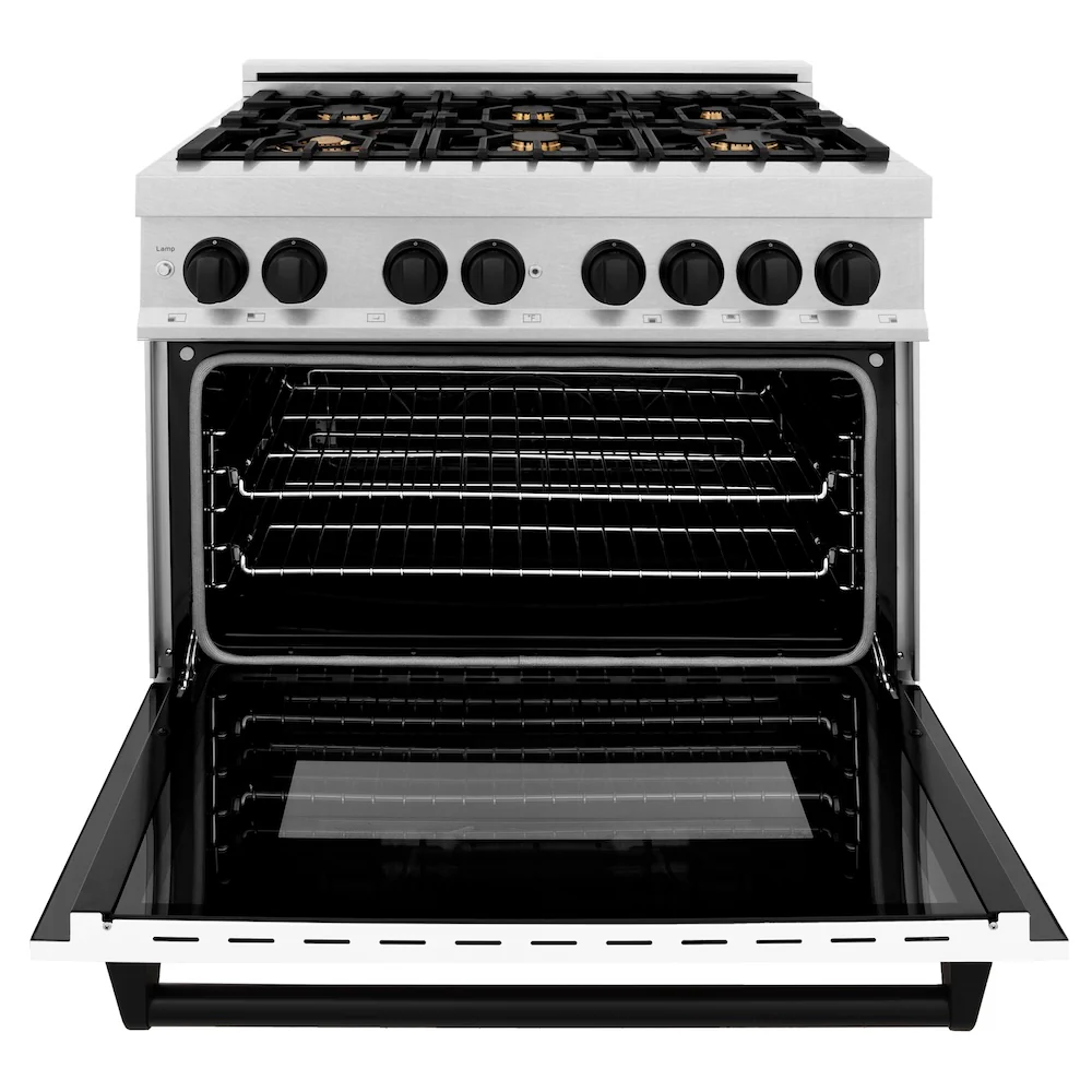 ZLINE Autograph Edition 36 in. 4.6 cu. ft. Legacy Dual Fuel Range with 6 Burner Gas Cooktop and Electric Convection Oven in Satin Stainless Steel with White Matte Door and Matte Black Accents, Open Box-Great Condition - Image 6