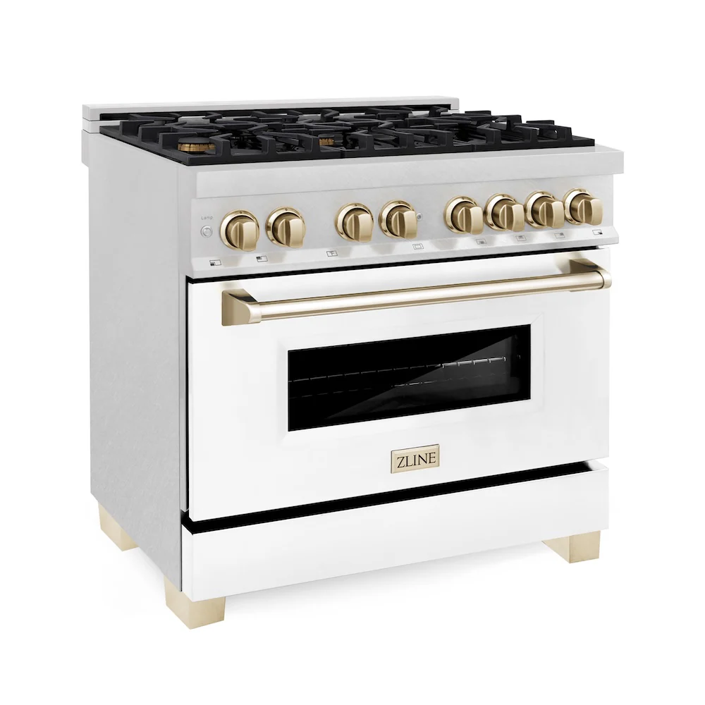 ZLINE Autograph Edition 36 in. 4.6 cu. ft. Legacy Dual Fuel Range with 6 Burner Gas Cooktop and Electric Convection Oven in Satin Stainless Steel with White Matte Door and Polished Gold Accents, Open Box-Great Condition
