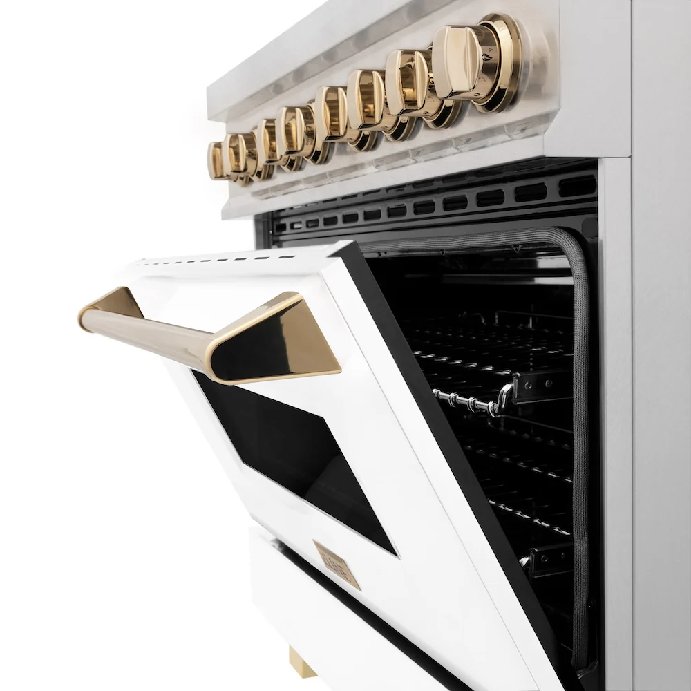ZLINE Autograph Edition 36 in. 4.6 cu. ft. Legacy Dual Fuel Range with 6 Burner Gas Cooktop and Electric Convection Oven in Satin Stainless Steel with White Matte Door and Polished Gold Accents, Open Box-Great Condition - Image 12