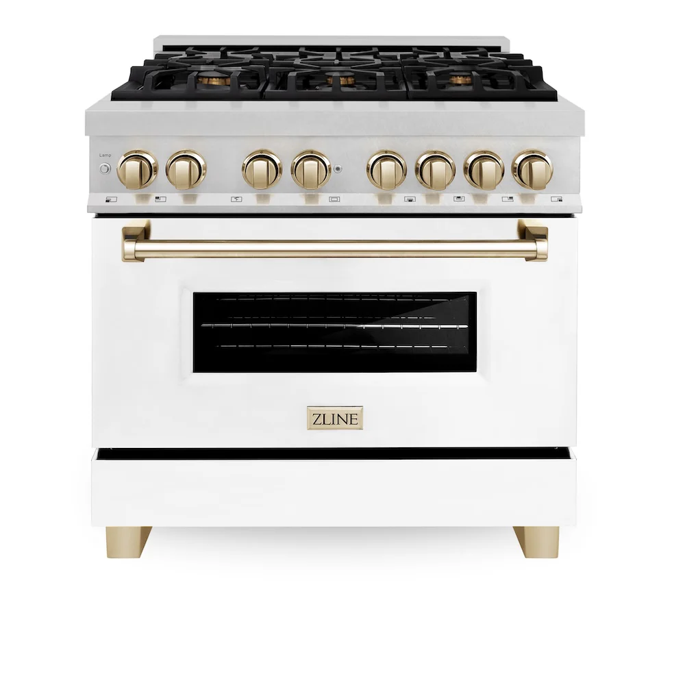 ZLINE Autograph Edition 36 in. 4.6 cu. ft. Legacy Dual Fuel Range with 6 Burner Gas Cooktop and Electric Convection Oven in Satin Stainless Steel with White Matte Door and Polished Gold Accents, Open Box-Great Condition - Image 3
