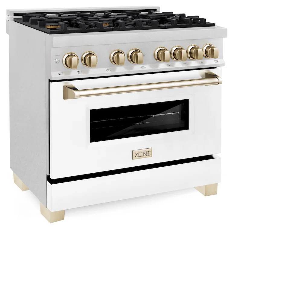 ZLINE Autograph Edition 36 in. 4.6 cu. ft. Legacy Dual Fuel Range with 6 Burner Gas Cooktop and Electric Convection Oven in Satin Stainless Steel with White Matte Door and Polished Gold Accents, Open Box-Great Condition - Image 4