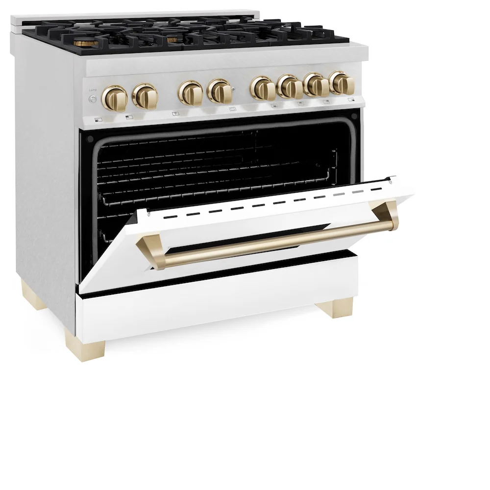 ZLINE Autograph Edition 36 in. 4.6 cu. ft. Legacy Dual Fuel Range with 6 Burner Gas Cooktop and Electric Convection Oven in Satin Stainless Steel with White Matte Door and Polished Gold Accents, Open Box-Great Condition - Image 5