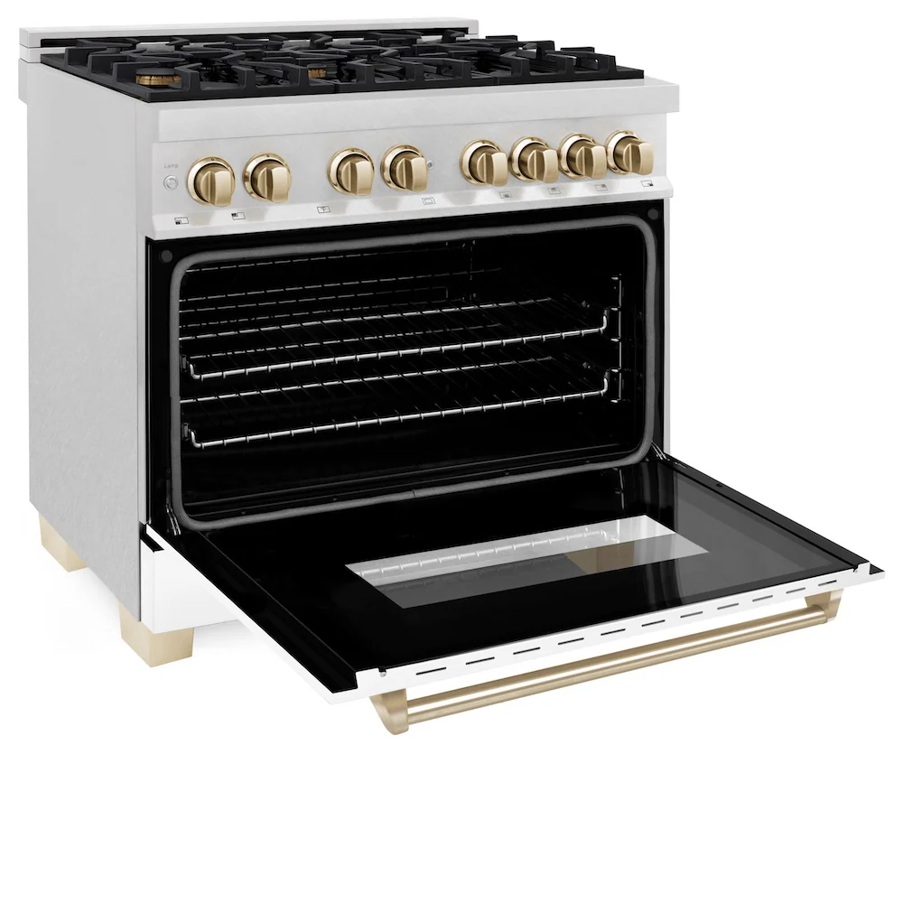 ZLINE Autograph Edition 36 in. 4.6 cu. ft. Legacy Dual Fuel Range with 6 Burner Gas Cooktop and Electric Convection Oven in Satin Stainless Steel with White Matte Door and Polished Gold Accents, Open Box-Great Condition - Image 6
