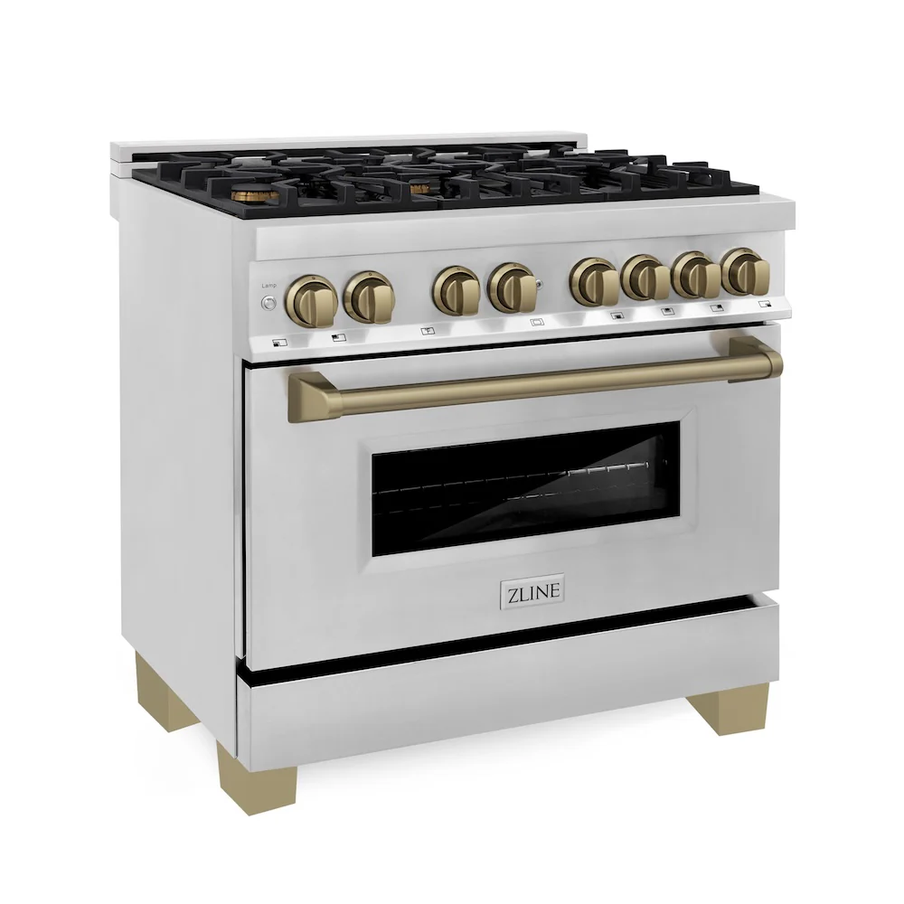 ZLINE Autograph Edition 36 in. 4.6 cu. ft. Legacy Dual Fuel Range with 6 Burner Gas Cooktop and Electric Convection Oven in Stainless Steel and Champagne Bronze Accents, Open Box-Good Condition
