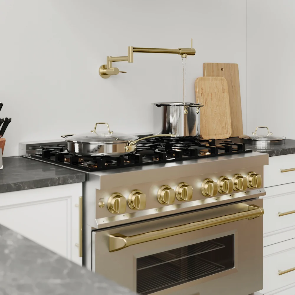 ZLINE Autograph Edition 36 in. 4.6 cu. ft. Legacy Dual Fuel Range with 6 Burner Gas Cooktop and Electric Convection Oven in Stainless Steel and Champagne Bronze Accents, Open Box-Good Condition - Image 15