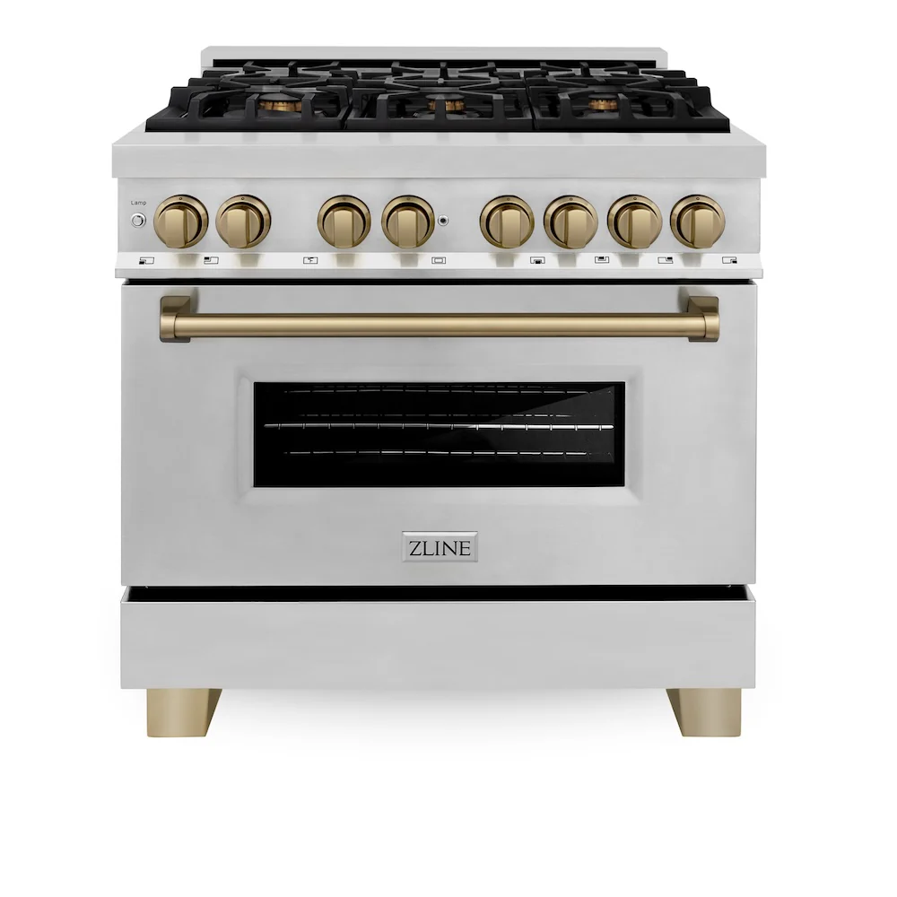 ZLINE Autograph Edition 36 in. 4.6 cu. ft. Legacy Dual Fuel Range with 6 Burner Gas Cooktop and Electric Convection Oven in Stainless Steel and Champagne Bronze Accents, Open Box-Good Condition - Image 4