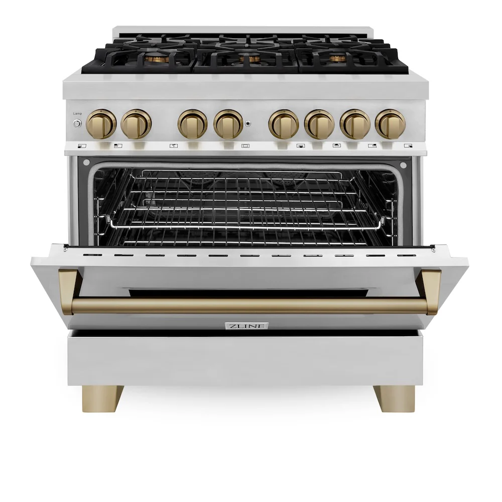 ZLINE Autograph Edition 36 in. 4.6 cu. ft. Legacy Dual Fuel Range with 6 Burner Gas Cooktop and Electric Convection Oven in Stainless Steel and Champagne Bronze Accents, Open Box-Good Condition - Image 5