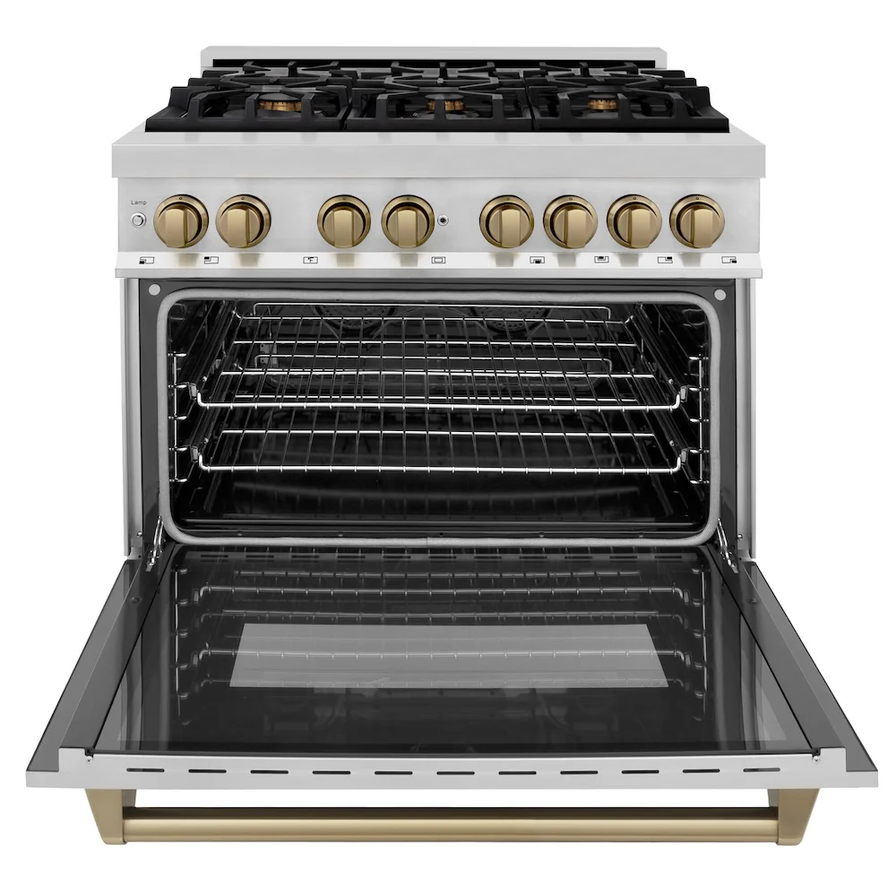 ZLINE Autograph Edition 36 in. 4.6 cu. ft. Legacy Dual Fuel Range with 6 Burner Gas Cooktop and Electric Convection Oven in Stainless Steel and Champagne Bronze Accents, Open Box-Good Condition - Image 6
