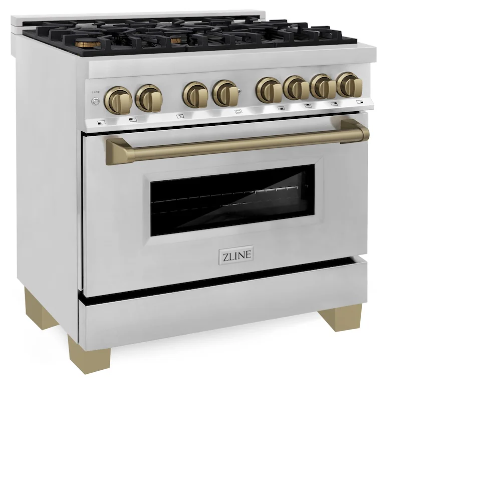 ZLINE Autograph Edition 36 in. 4.6 cu. ft. Legacy Dual Fuel Range with 6 Burner Gas Cooktop and Electric Convection Oven in Stainless Steel and Champagne Bronze Accents, Open Box-Good Condition - Image 7