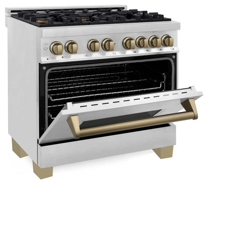 ZLINE Autograph Edition 36 in. 4.6 cu. ft. Legacy Dual Fuel Range with 6 Burner Gas Cooktop and Electric Convection Oven in Stainless Steel and Champagne Bronze Accents, Open Box-Good Condition - Image 8