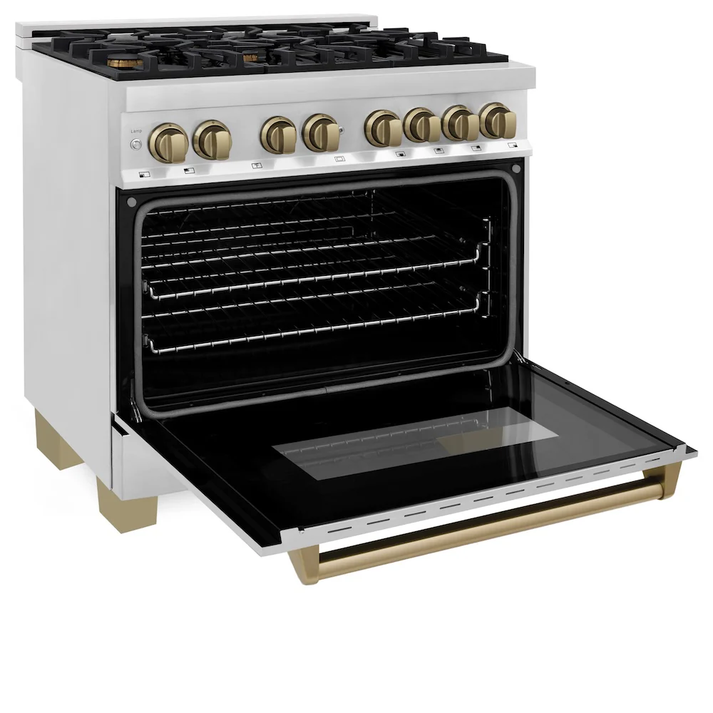 ZLINE Autograph Edition 36 in. 4.6 cu. ft. Legacy Dual Fuel Range with 6 Burner Gas Cooktop and Electric Convection Oven in Stainless Steel and Champagne Bronze Accents, Open Box-Good Condition - Image 9