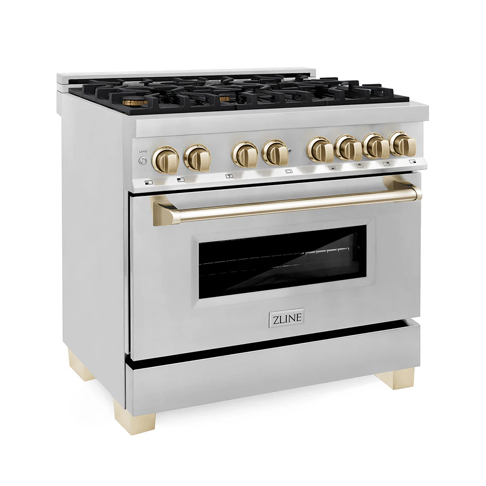 ZLINE Autograph Edition 36 in. 4.6 cu. ft. Legacy Dual Fuel Range with 6 Burner Gas Cooktop and Electric Convection Oven in Stainless Steel and Polished Gold Accents, Open Box-Great Condition