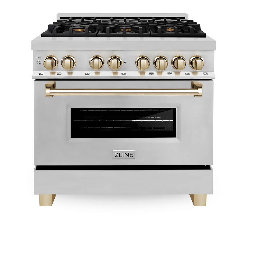 ZLINE Autograph Edition 36 in. 4.6 cu. ft. Legacy Dual Fuel Range with 6 Burner Gas Cooktop and Electric Convection Oven in Stainless Steel and Polished Gold Accents, Open Box-Great Condition - Image 4
