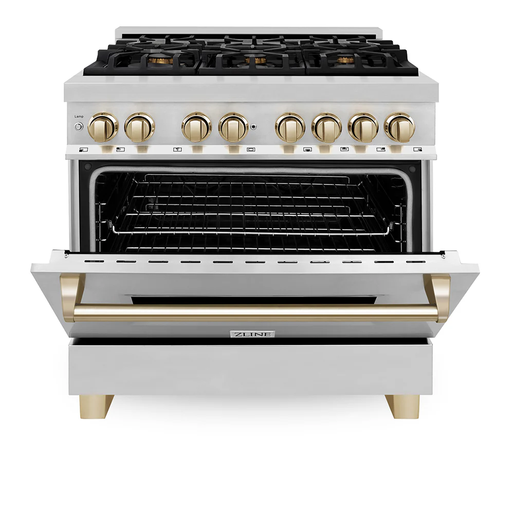 ZLINE Autograph Edition 36 in. 4.6 cu. ft. Legacy Dual Fuel Range with 6 Burner Gas Cooktop and Electric Convection Oven in Stainless Steel and Polished Gold Accents, Open Box-Great Condition - Image 5