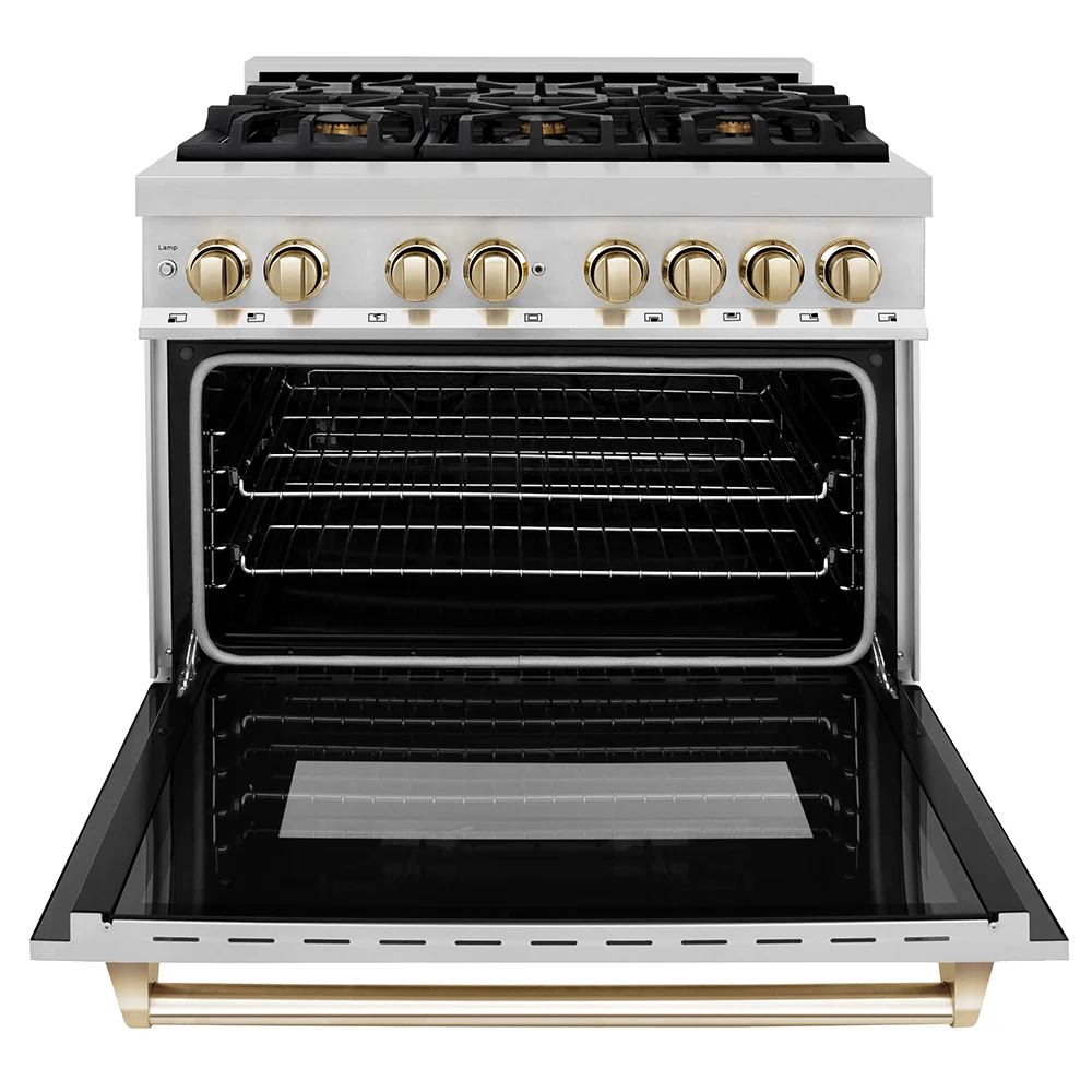 ZLINE Autograph Edition 36 in. 4.6 cu. ft. Legacy Dual Fuel Range with 6 Burner Gas Cooktop and Electric Convection Oven in Stainless Steel and Polished Gold Accents, Open Box-Great Condition - Image 6
