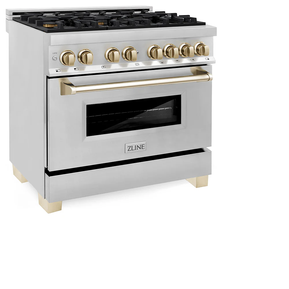 ZLINE Autograph Edition 36 in. 4.6 cu. ft. Legacy Dual Fuel Range with 6 Burner Gas Cooktop and Electric Convection Oven in Stainless Steel and Polished Gold Accents, Open Box-Great Condition - Image 7