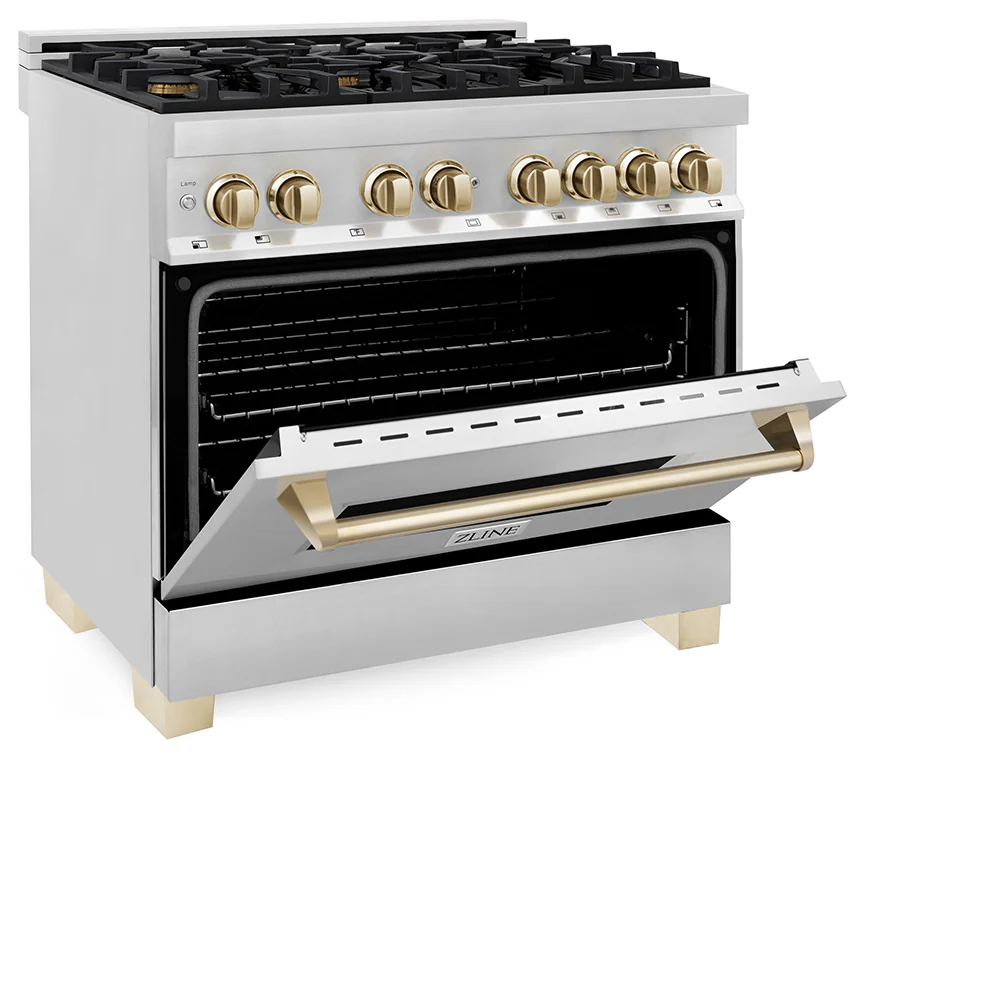 ZLINE Autograph Edition 36 in. 4.6 cu. ft. Legacy Dual Fuel Range with 6 Burner Gas Cooktop and Electric Convection Oven in Stainless Steel and Polished Gold Accents, Open Box-Great Condition - Image 8