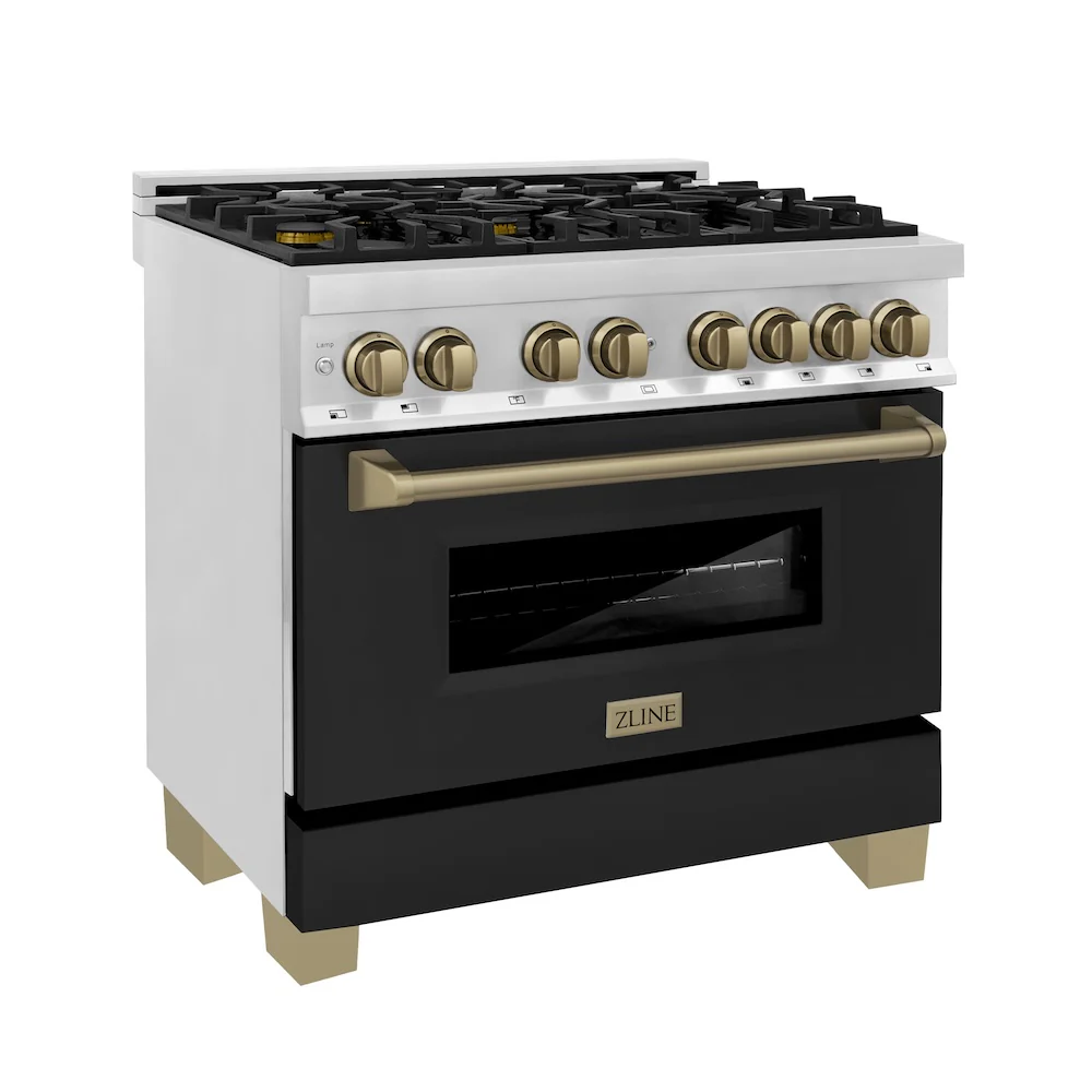 ZLINE Autograph Edition 36 in. 4.6 cu. ft. Legacy Dual Fuel Range with 6 Burner Gas Cooktop and Electric Convection Oven in Stainless Steel with Black Matte Door and Champagne Bronze Accents, Open Box-Great Condition
