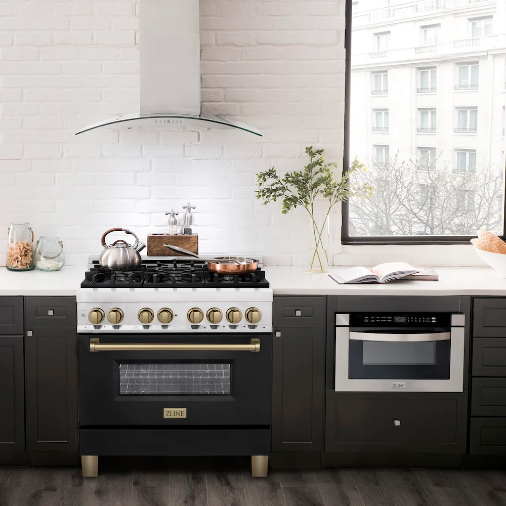 ZLINE Autograph Edition 36 in. 4.6 cu. ft. Legacy Dual Fuel Range with 6 Burner Gas Cooktop and Electric Convection Oven in Stainless Steel with Black Matte Door and Champagne Bronze Accents, Open Box-Great Condition - Image 13