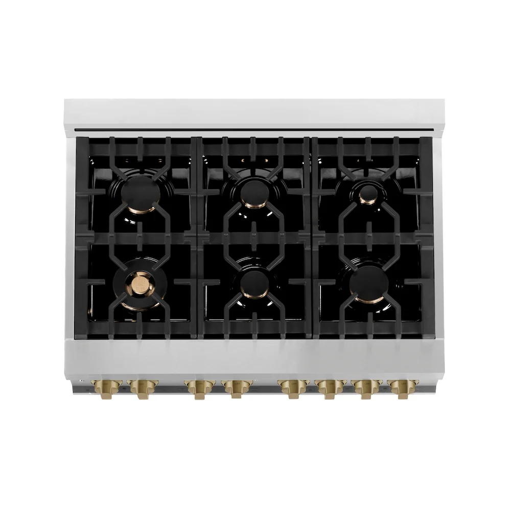 ZLINE Autograph Edition 36 in. 4.6 cu. ft. Legacy Dual Fuel Range with 6 Burner Gas Cooktop and Electric Convection Oven in Stainless Steel with Black Matte Door and Champagne Bronze Accents, Open Box-Great Condition - Image 2