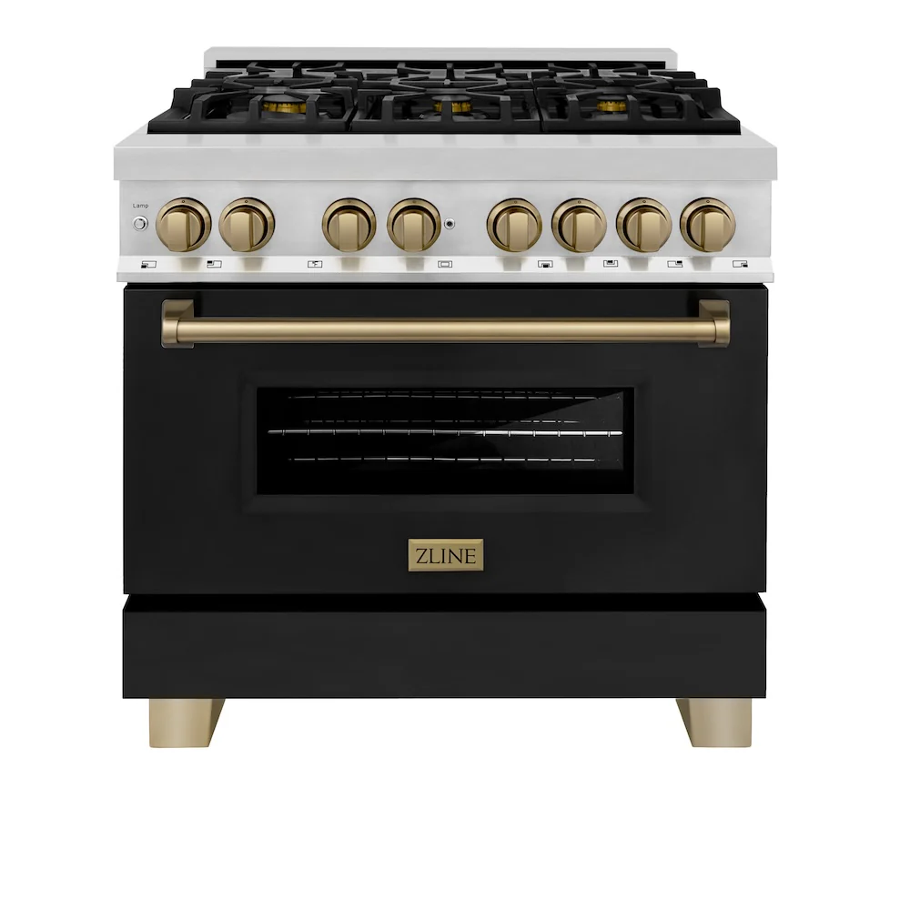 ZLINE Autograph Edition 36 in. 4.6 cu. ft. Legacy Dual Fuel Range with 6 Burner Gas Cooktop and Electric Convection Oven in Stainless Steel with Black Matte Door and Champagne Bronze Accents, Open Box-Great Condition - Image 4