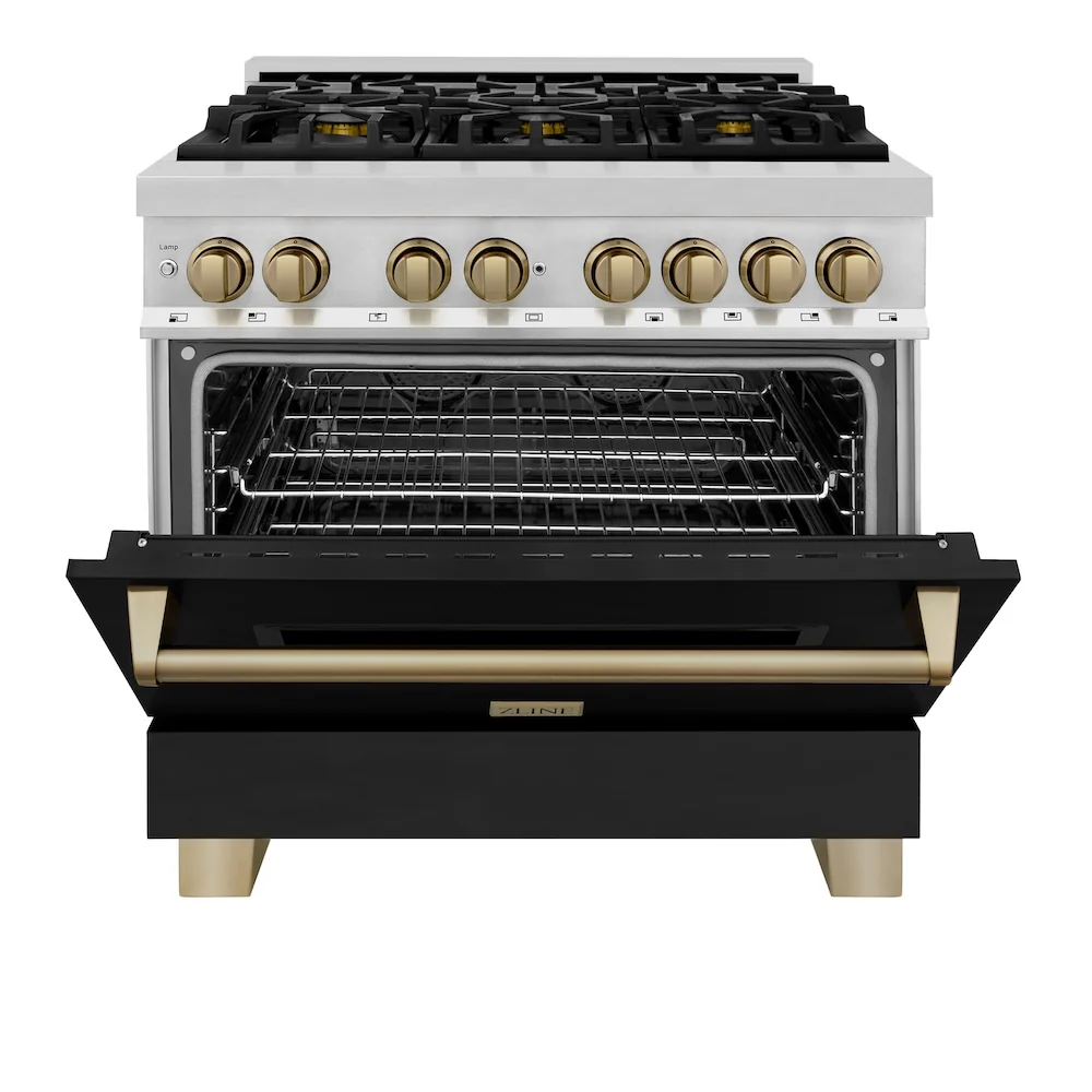ZLINE Autograph Edition 36 in. 4.6 cu. ft. Legacy Dual Fuel Range with 6 Burner Gas Cooktop and Electric Convection Oven in Stainless Steel with Black Matte Door and Champagne Bronze Accents, Open Box-Great Condition - Image 5