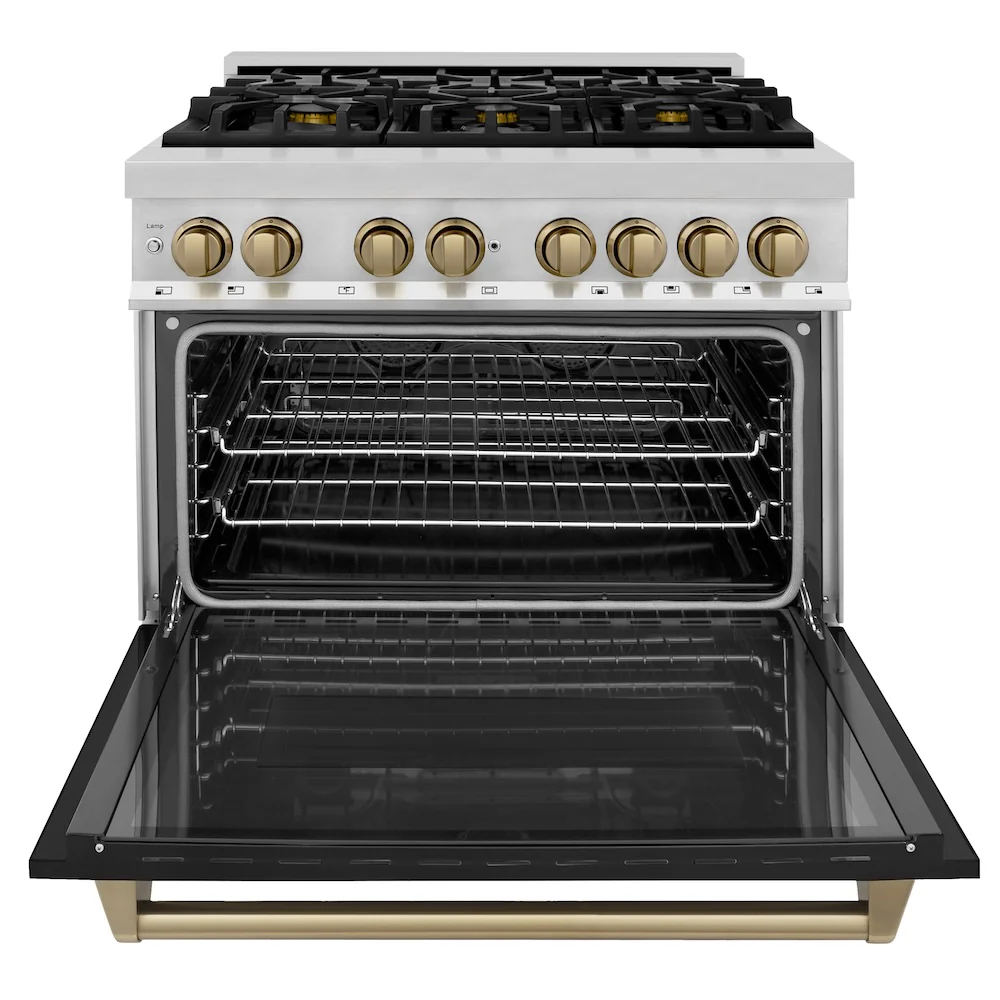 ZLINE Autograph Edition 36 in. 4.6 cu. ft. Legacy Dual Fuel Range with 6 Burner Gas Cooktop and Electric Convection Oven in Stainless Steel with Black Matte Door and Champagne Bronze Accents, Open Box-Great Condition - Image 6