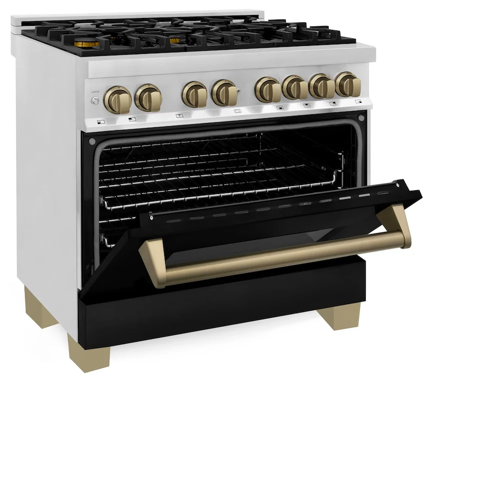 ZLINE Autograph Edition 36 in. 4.6 cu. ft. Legacy Dual Fuel Range with 6 Burner Gas Cooktop and Electric Convection Oven in Stainless Steel with Black Matte Door and Champagne Bronze Accents, Open Box-Great Condition - Image 8