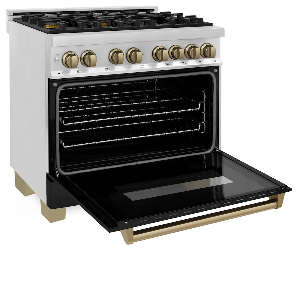 ZLINE Autograph Edition 36 in. 4.6 cu. ft. Legacy Dual Fuel Range with 6 Burner Gas Cooktop and Electric Convection Oven in Stainless Steel with Black Matte Door and Champagne Bronze Accents, Open Box-Great Condition - Image 9