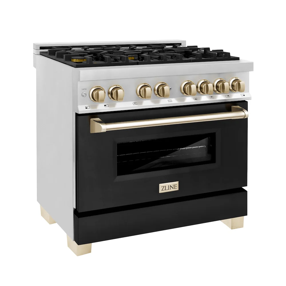 ZLINE Autograph Edition 36 in. 4.6 cu. ft. Legacy Dual Fuel Range with 6 Burner Gas Cooktop and Electric Convection Oven in Stainless Steel with Black Matte Door and Polished Gold Accents, Open Box-Great Condition