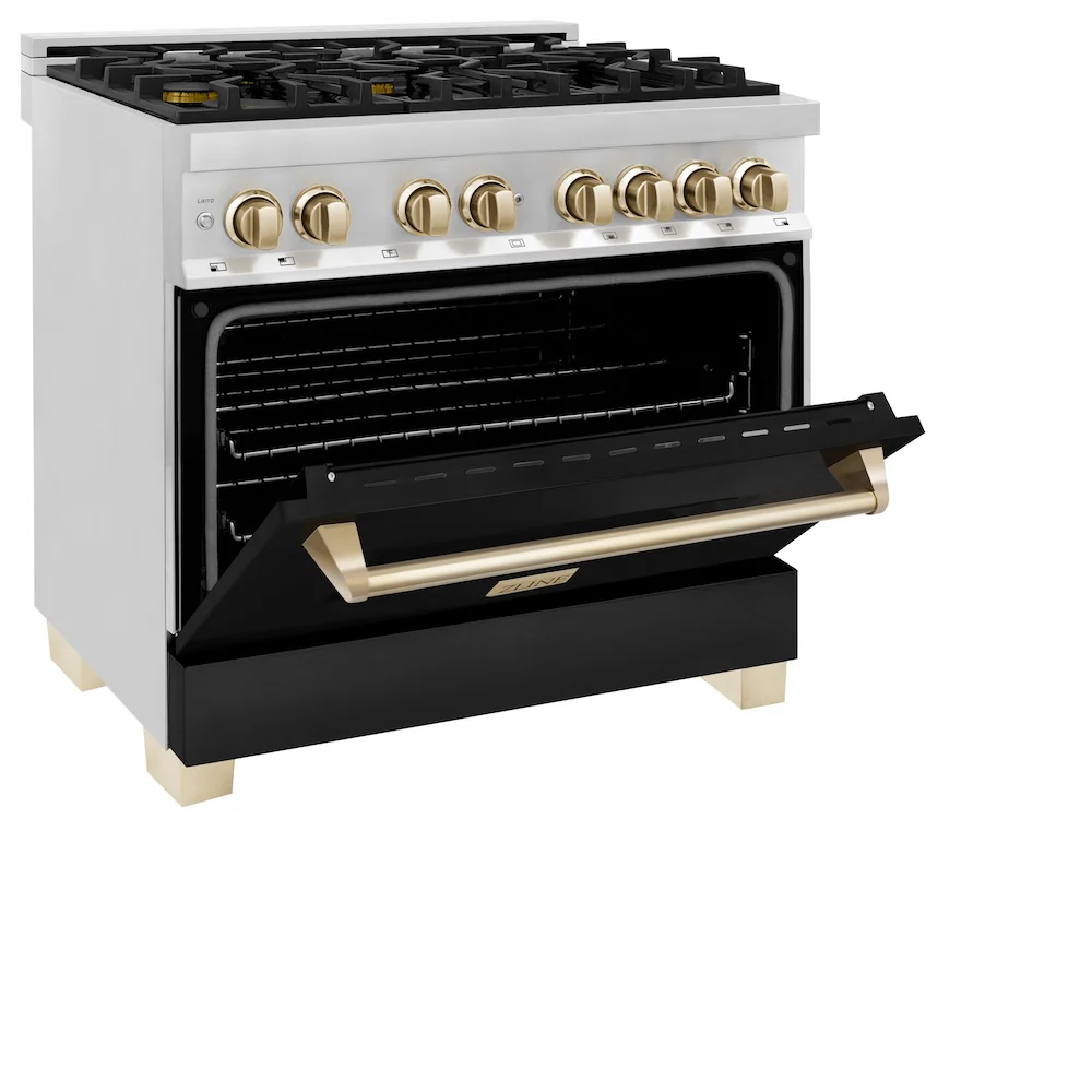 ZLINE Autograph Edition 36 in. 4.6 cu. ft. Legacy Dual Fuel Range with 6 Burner Gas Cooktop and Electric Convection Oven in Stainless Steel with Black Matte Door and Polished Gold Accents, Open Box-Great Condition - Image 4