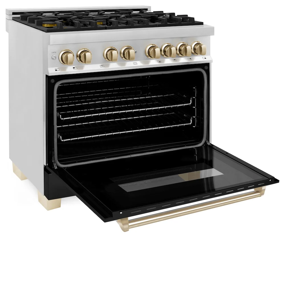 ZLINE Autograph Edition 36 in. 4.6 cu. ft. Legacy Dual Fuel Range with 6 Burner Gas Cooktop and Electric Convection Oven in Stainless Steel with Black Matte Door and Polished Gold Accents, Open Box-Great Condition - Image 5