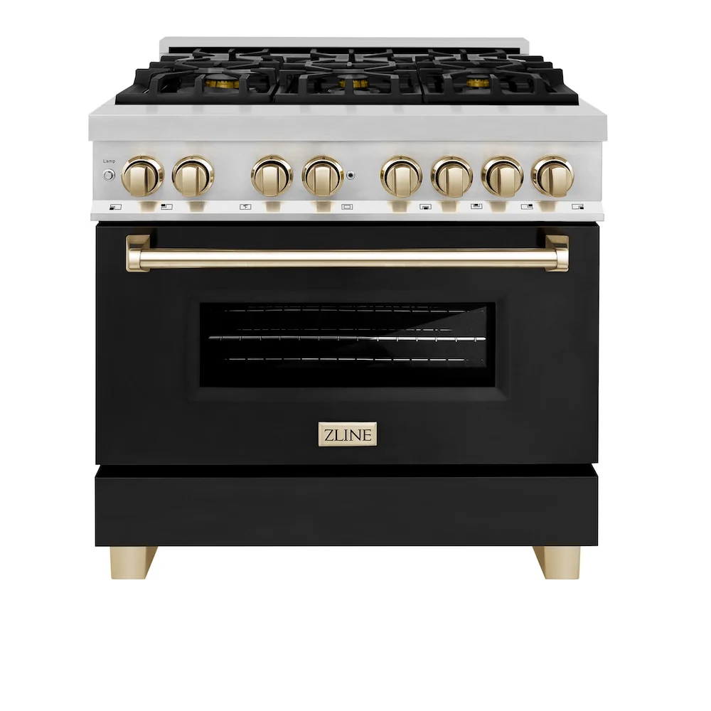 ZLINE Autograph Edition 36 in. 4.6 cu. ft. Legacy Dual Fuel Range with 6 Burner Gas Cooktop and Electric Convection Oven in Stainless Steel with Black Matte Door and Polished Gold Accents, Open Box-Great Condition - Image 6
