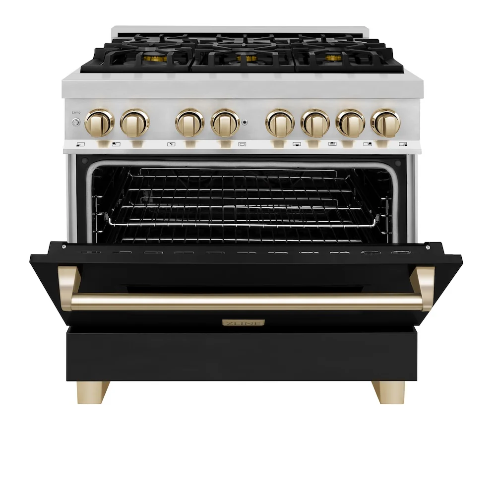 ZLINE Autograph Edition 36 in. 4.6 cu. ft. Legacy Dual Fuel Range with 6 Burner Gas Cooktop and Electric Convection Oven in Stainless Steel with Black Matte Door and Polished Gold Accents, Open Box-Great Condition - Image 7