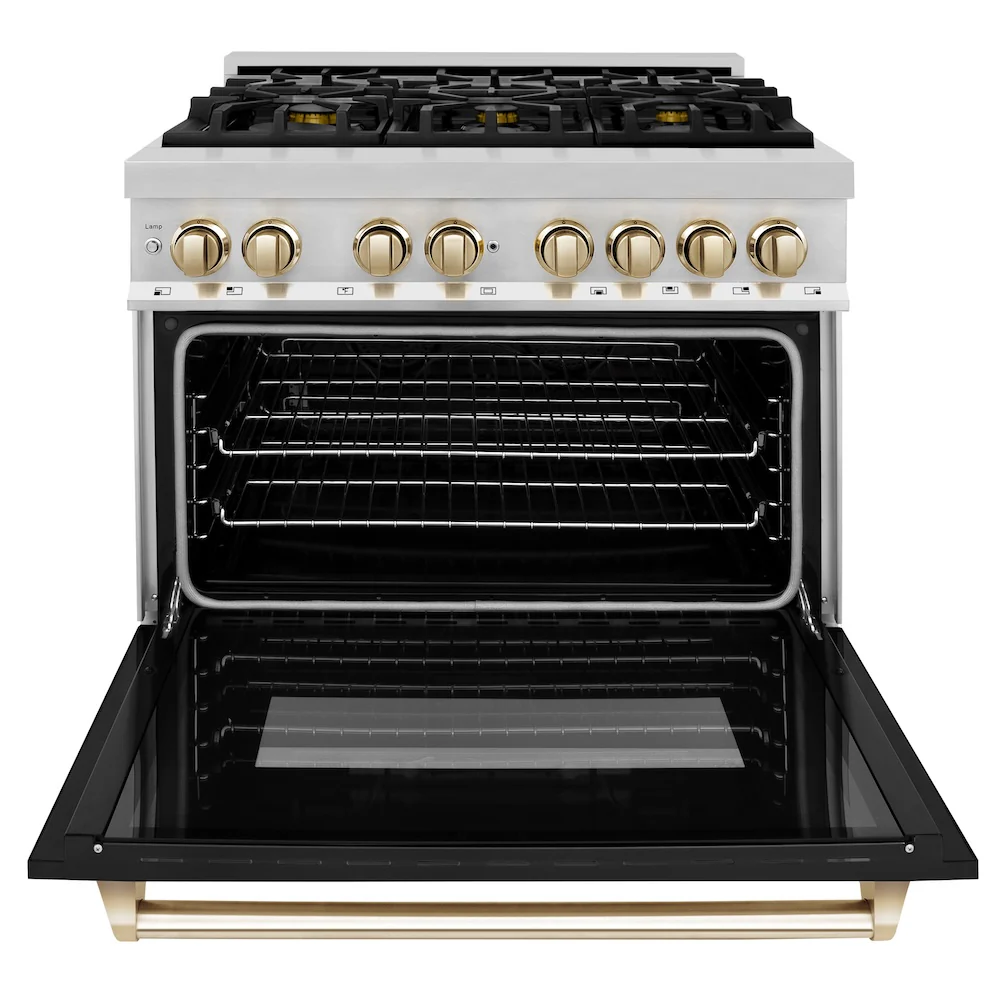 ZLINE Autograph Edition 36 in. 4.6 cu. ft. Legacy Dual Fuel Range with 6 Burner Gas Cooktop and Electric Convection Oven in Stainless Steel with Black Matte Door and Polished Gold Accents, Open Box-Great Condition - Image 8