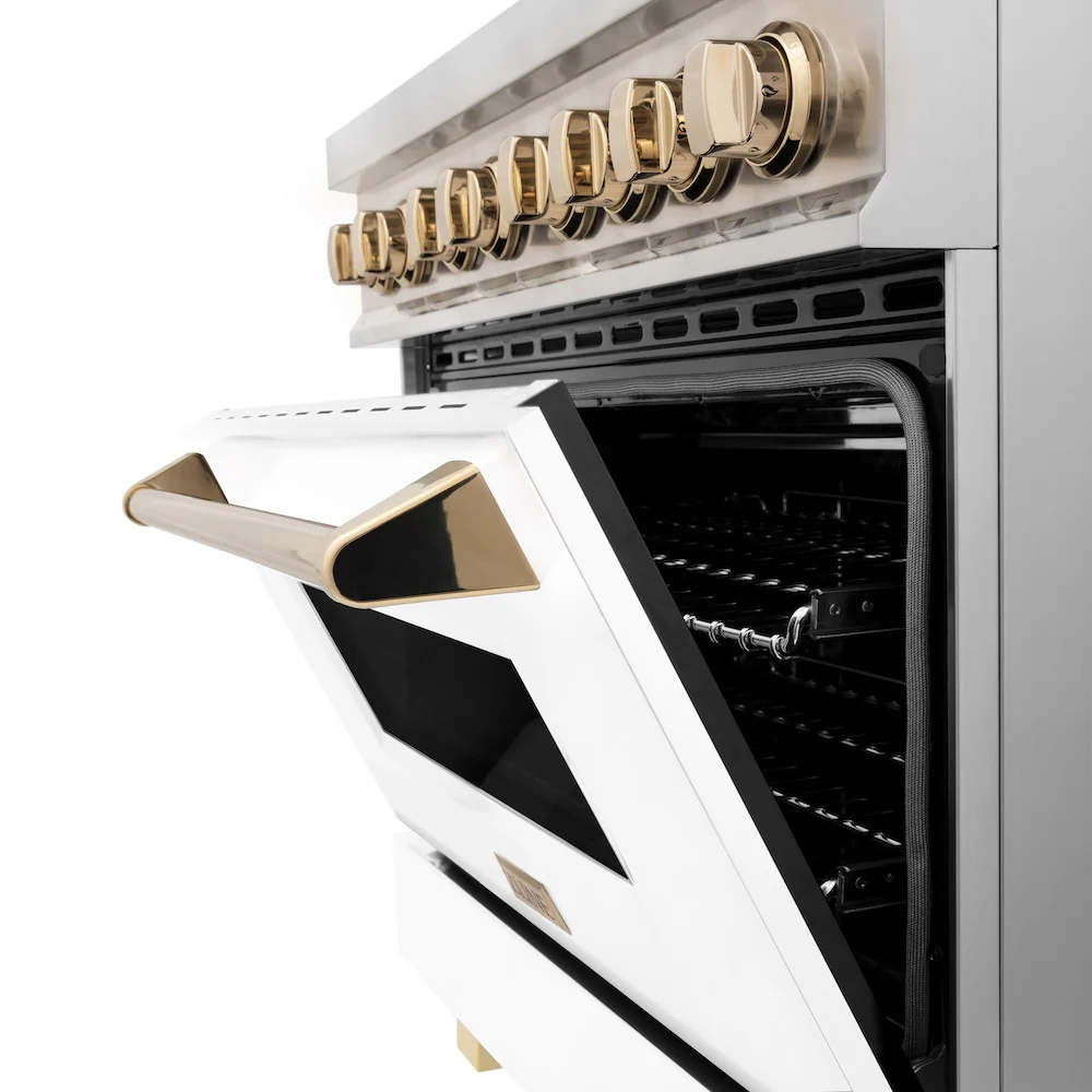 ZLINE Autograph Edition 36 in. 4.6 cu. ft. Legacy Dual Fuel Range with 6 Burner Gas Cooktop and Electric Convection Oven in Stainless Steel with White Matte Door and Polished Gold Accents, Open Box-Great Condition - Image 18