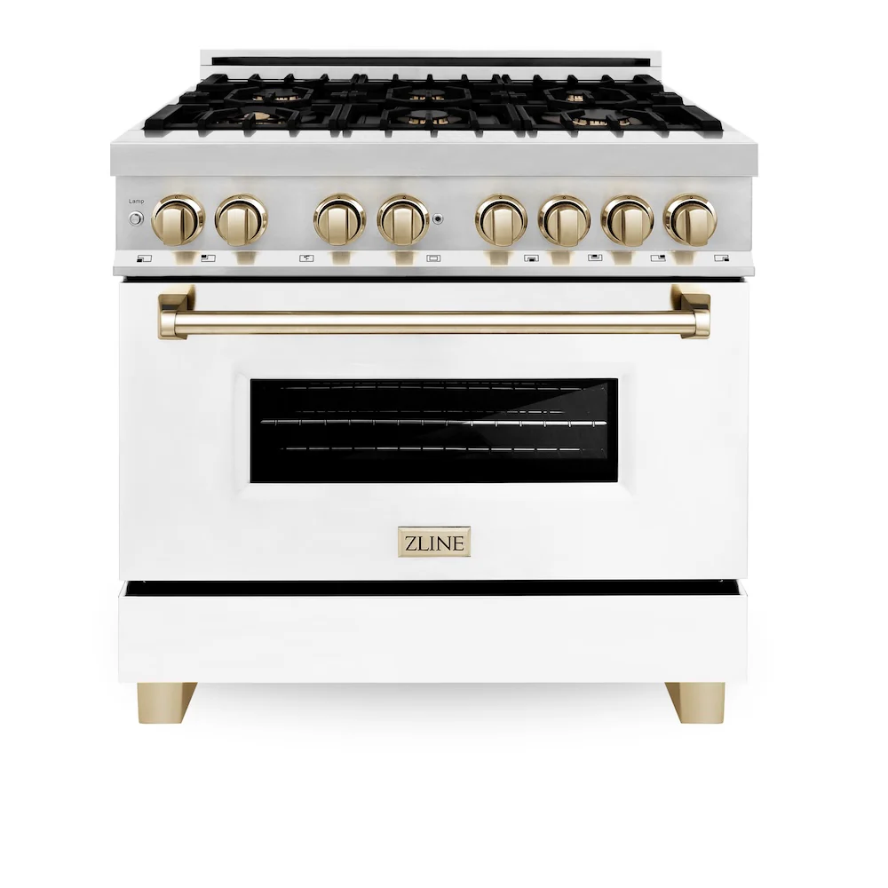ZLINE Autograph Edition 36 in. 4.6 cu. ft. Legacy Dual Fuel Range with 6 Burner Gas Cooktop and Electric Convection Oven in Stainless Steel with White Matte Door and Polished Gold Accents, Open Box-Great Condition - Image 4