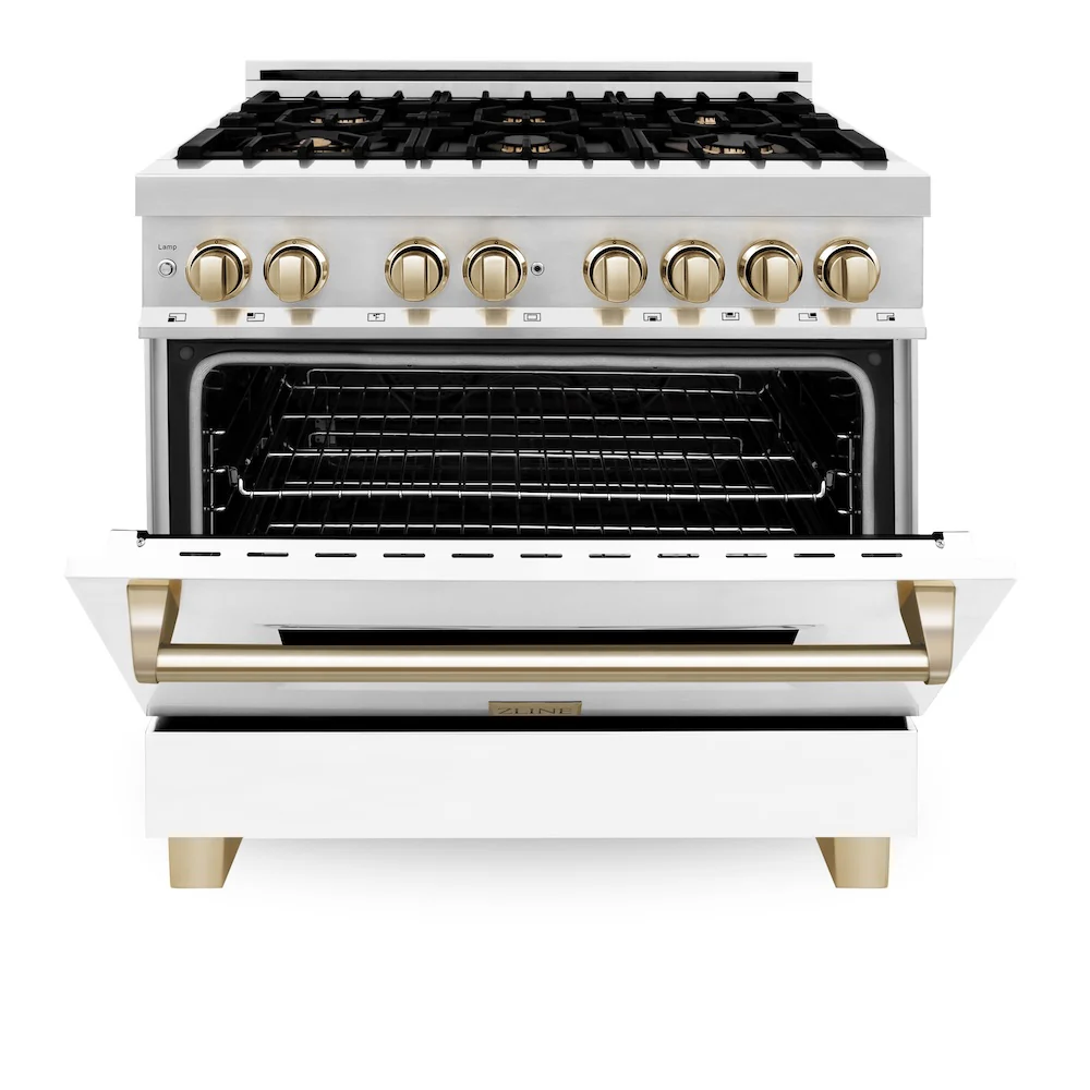 ZLINE Autograph Edition 36 in. 4.6 cu. ft. Legacy Dual Fuel Range with 6 Burner Gas Cooktop and Electric Convection Oven in Stainless Steel with White Matte Door and Polished Gold Accents, Open Box-Great Condition - Image 5