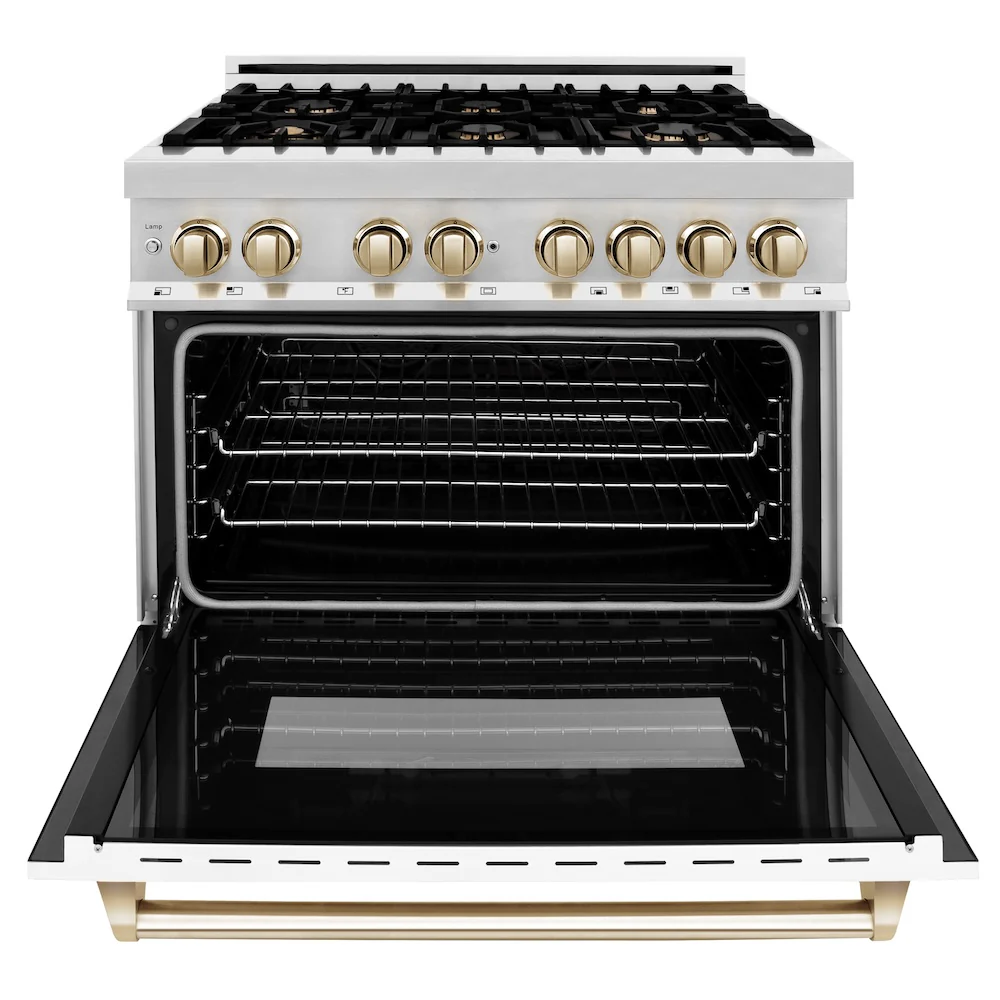 ZLINE Autograph Edition 36 in. 4.6 cu. ft. Legacy Dual Fuel Range with 6 Burner Gas Cooktop and Electric Convection Oven in Stainless Steel with White Matte Door and Polished Gold Accents, Open Box-Great Condition - Image 6
