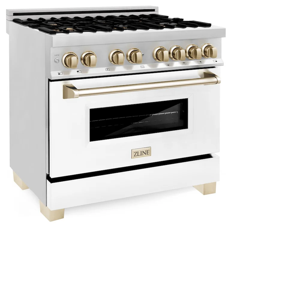 ZLINE Autograph Edition 36 in. 4.6 cu. ft. Legacy Dual Fuel Range with 6 Burner Gas Cooktop and Electric Convection Oven in Stainless Steel with White Matte Door and Polished Gold Accents, Open Box-Great Condition - Image 7