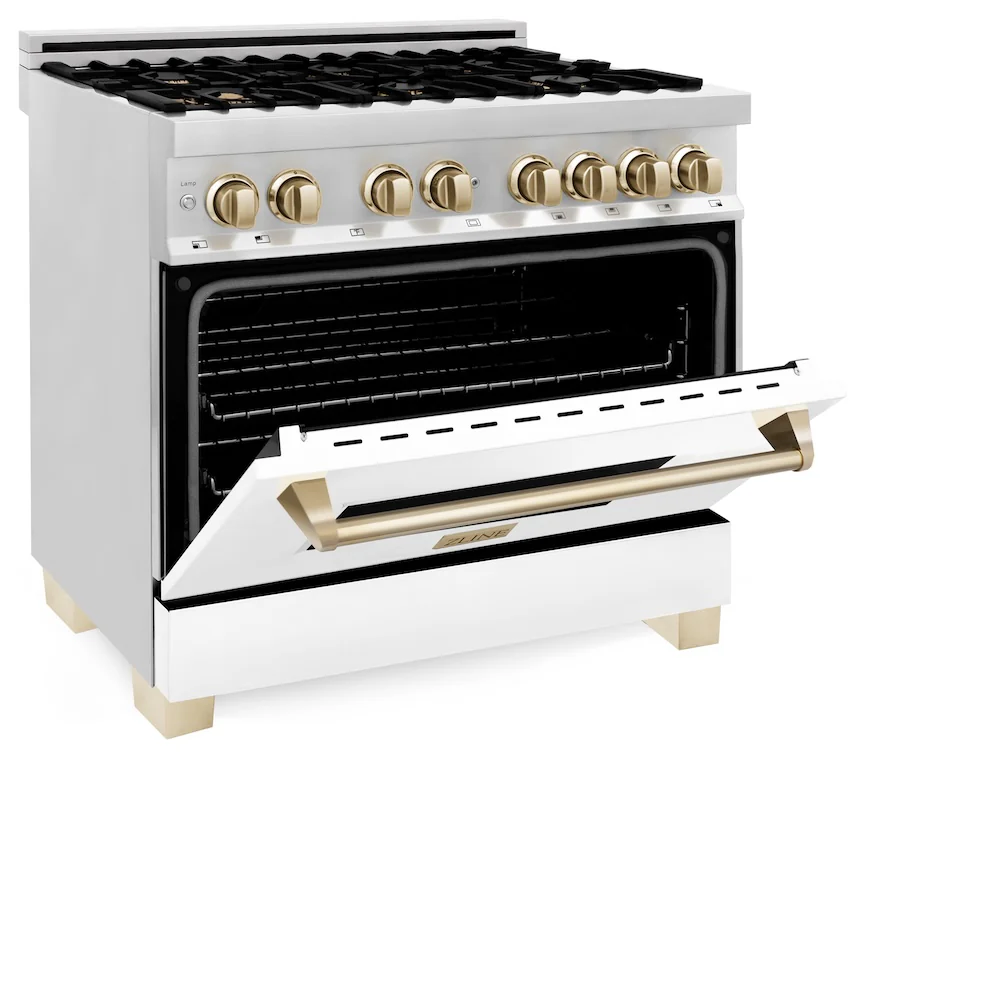 ZLINE Autograph Edition 36 in. 4.6 cu. ft. Legacy Dual Fuel Range with 6 Burner Gas Cooktop and Electric Convection Oven in Stainless Steel with White Matte Door and Polished Gold Accents, Open Box-Great Condition - Image 8