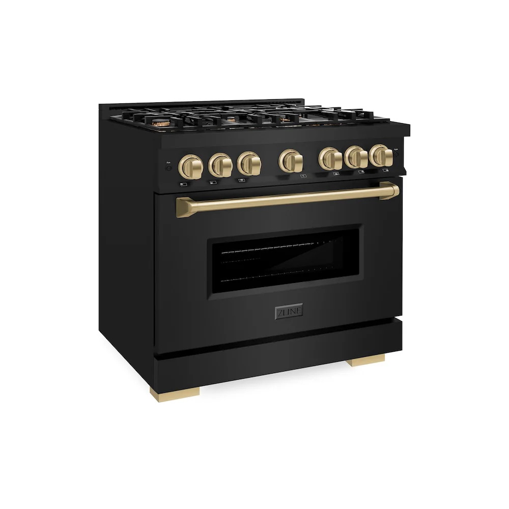 ZLINE Autograph Edition 36 in. 5.2 cu. ft. Classic Dual Fuel Range with 6 Burner Gas Cooktop and Electric Convection Oven in Black Stainless Steel with Champagne Bronze Accents, Open Box-Great Condition